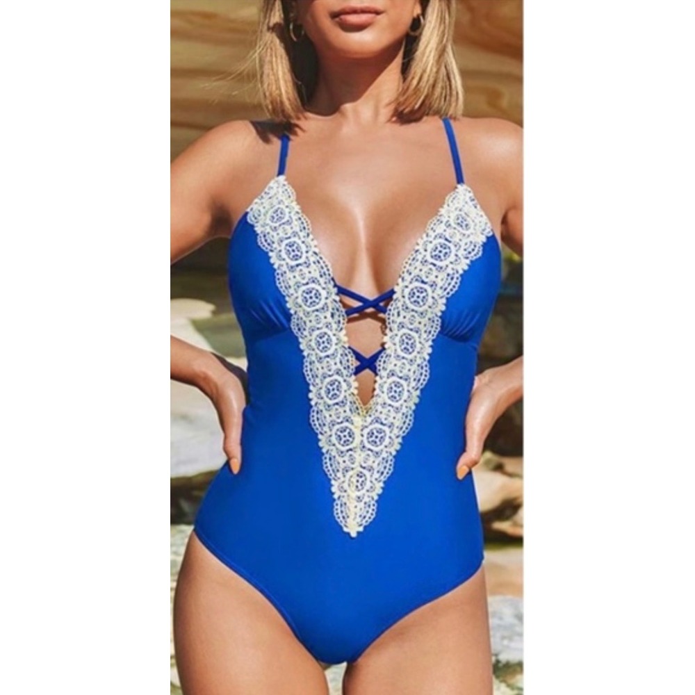 Cupshe Royal Blue Crochet Lace Deep V Neck One Piece Swimsuit XL